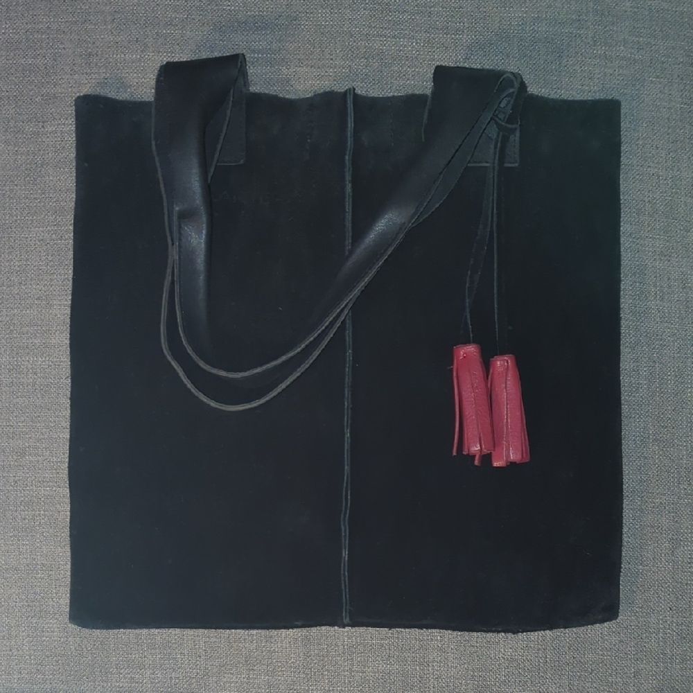 Black Suede Tote Bag with Red Leather Tassel Accents